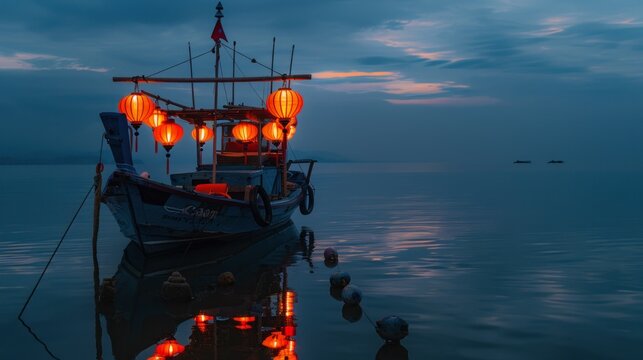 Fishing boat at dusk with decorative lanterns. - Powered by Adobe
