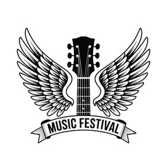 Guitar with Wings Music Festival Vector Illustration Black and White
