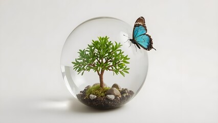 A crystal globe containing a miniature tree with a butterfly nearby, symbolizing nature conservation.