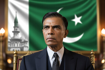 Distinguished Pakistani leader with resolute gaze, national flag backdrop, symbolizing strength and governance