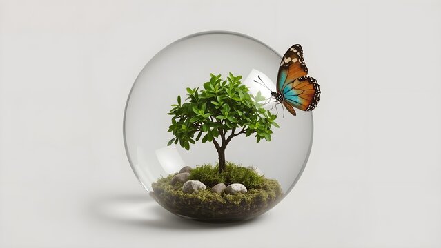 A crystal globe containing a miniature tree with a butterfly nearby, symbolizing nature conservation.