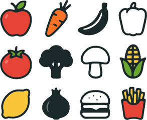  food icon pack with fruits vegetables and fast food in outline and filled styles
