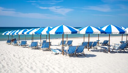 Beach umbrellas and chairs on a pristine white sand beach