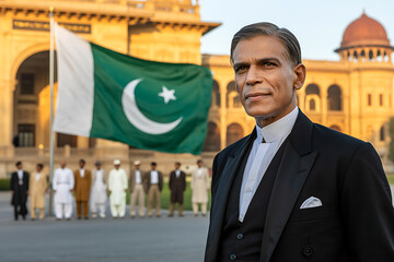 Distinguished gentleman in formal attire stands proudly near the Pakistani flag, symbolizing national pride and leadership.
