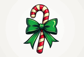 Classic Christmas Candy Cane Vector Illustration Adorned with a Festive Green Bow, Perfect for Traditional Holiday Decorations, Seasonal Greeting Cards, or Sweet Winter Event Invitations.
