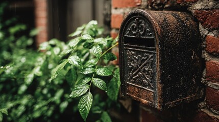 Ornate metal mailbox attached to a brick wall.