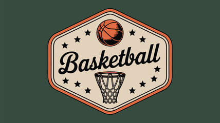 Retro Style Basketball Badge Featuring Ball, Hoop, Stars, and Basketball Text on Green