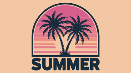 Obraz premium Retro Summer Palm Trees, Sunset Stripes, and Summer Text on a Peach Background