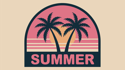 Obraz premium Retro Summer Palm Tree Vintage Style Badge with Sunset Illustration and Pink Accents