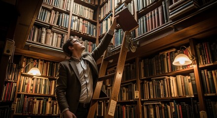 Man Reaching for Book in Library, Vintage Bookshelves, Ladder.
