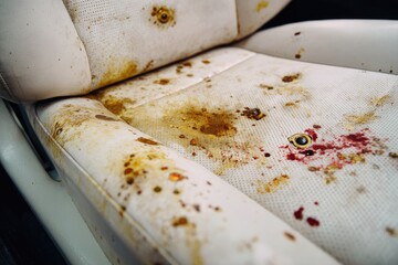 Car seat stained with food and blood