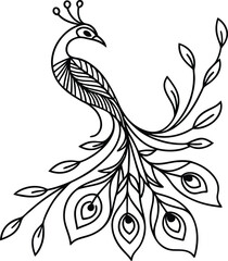 Elegant peacock with decorative tail feathers and leaves