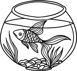 Fish swimming in a round bowl with plants goldfish