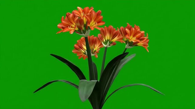 Vibrant Orange Clivia Flowers Blooming Against a Bright Green Background Showcasing Detailed Petals Leaves and Floral Beauty