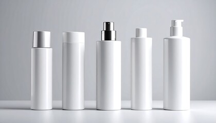 Empty white cosmetic containers on a light gray background