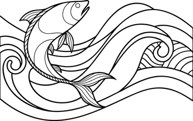 Leaping fish swimming through stylized waves water