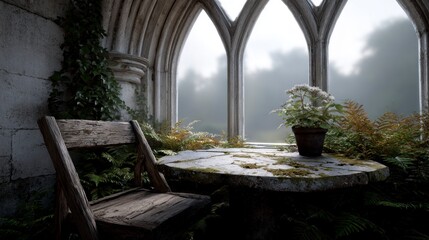 Fototapeta premium Ancient stone terrace with arched windows and a wooden chair beside a potted plant and ferns