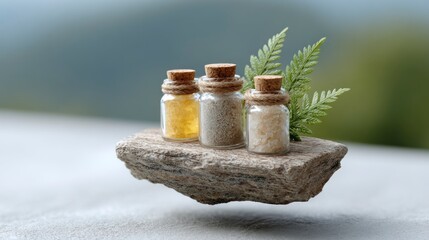 Three glass bottles with cork stoppers containing granular materials sit on a textured stone next to a green fern frond