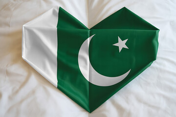 Express your pride and love for Pakistan with this beautifully folded heart-shaped flag, a symbol of national unity and patriotism.