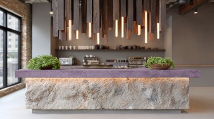 Modern cafe counter with unique stone base and contemporary wood and light fixture