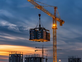 Construction crane lifting cargo during sunset.