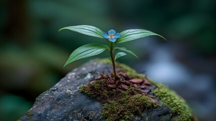 Small blue flower blooms on mossy rock with blurred green background 49