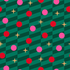 Red and pink dots with gold stars and green stripes pattern design for christmas and new year background.