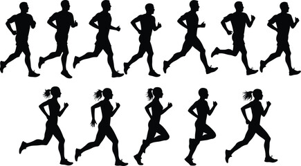 A collection of runner silhouettes, showing a man and woman in a running cycle sequence, isolated vector icons for animation.