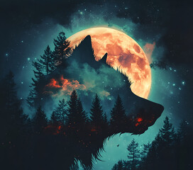 Wolf Silhouette Night Forest &ndash; Glowing Moon & Aurora Fantasy Art