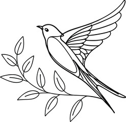 Swallow bird perched on a leafy branch flying wings