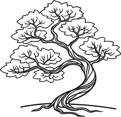 Stylized tree with flowing branches and leaves black and white