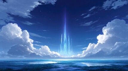 Ethereal ice castle glowing in a vast blue sky with dramatic clouds 49