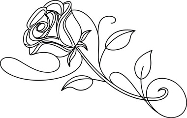 Elegant black line art rose with leaves and swirls