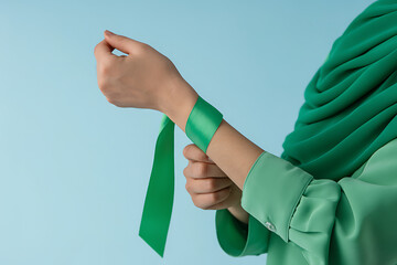 Elegant woman wraps vibrant green ribbon around her wrist, symbolizing hope, awareness, and growth in a stylish, modern presentation.