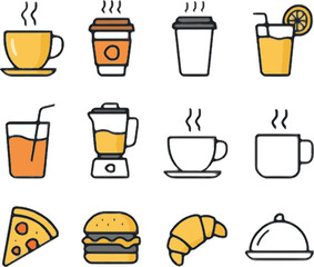 food and drinks icon set with coffee pizza juice hamburger and kitchen items in flat design