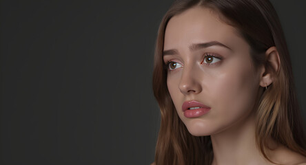 Obraz premium Elegant woman with soft makeup and natural beauty, looking thoughtfully forward