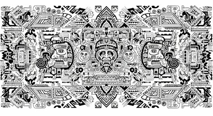 Intricate Aztec-inspired illustration with detailed patterns and ancient cultural symbols
