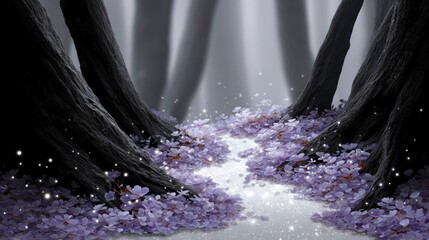 Dark trees and purple flowers on a sparkling path with glowing particles and light beams