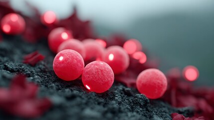 Close up of glowing red spheres with textured surfaces resting on rough dark ground with blurred red foliage