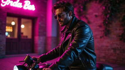 Neon street motorcycle scene