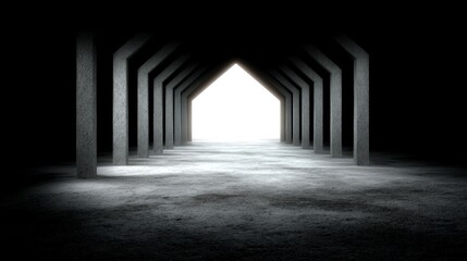 Long concrete corridor with a bright light at the end creating a pathway