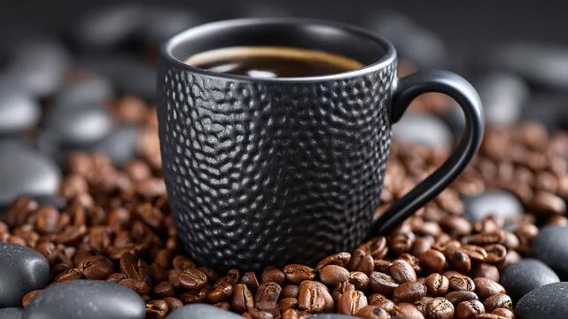 Aromatic Coffee Moment: A beautifully textured black coffee cup, brimming with rich, dark brew, nestled amongst a bed of roasted coffee beans, evoking a sense of warmth and comfort. 