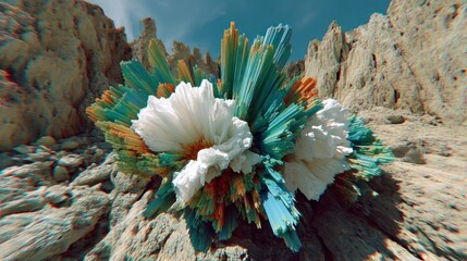 Abstract crystalline formation with white and blue spikes against a rocky textured background