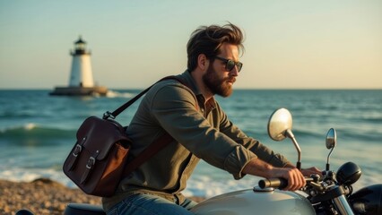 Coastal motorcycle riding scene