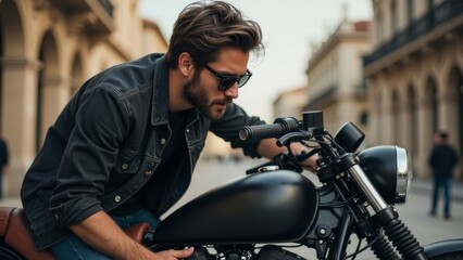 Outdoor motorcycle portrait scene