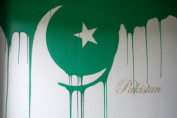 Stunning emerald green Pakistani flag emblem with dripping paint effect and elegant "Pakistan" calligraphy, perfect for national pride and cultural themes.
