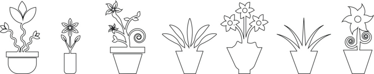 Plant and Flower Pot Icons Vector Set, Collection and Group, Botanical Potted Houseplants, Garden, Leaves, Minimal line Style, Monochrome Silhouette Graphic Bundle for Nature and Interior Design