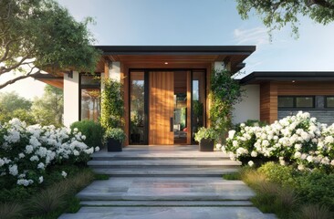 Fototapeta premium Inviting modern home entrance with a warm wood door framed by lush greenery and a stone pathway leading to a serene residential setting.