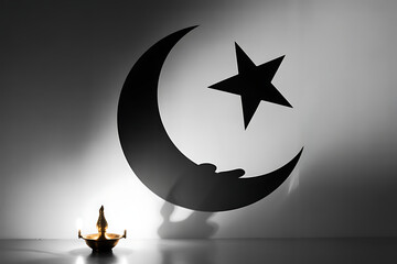 Illuminated Islamic crescent moon and star symbol casts a hopeful shadow, evoking spiritual reflection and cultural heritage.