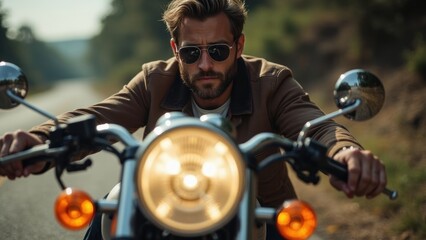 Outdoor motorcycle portrait scene